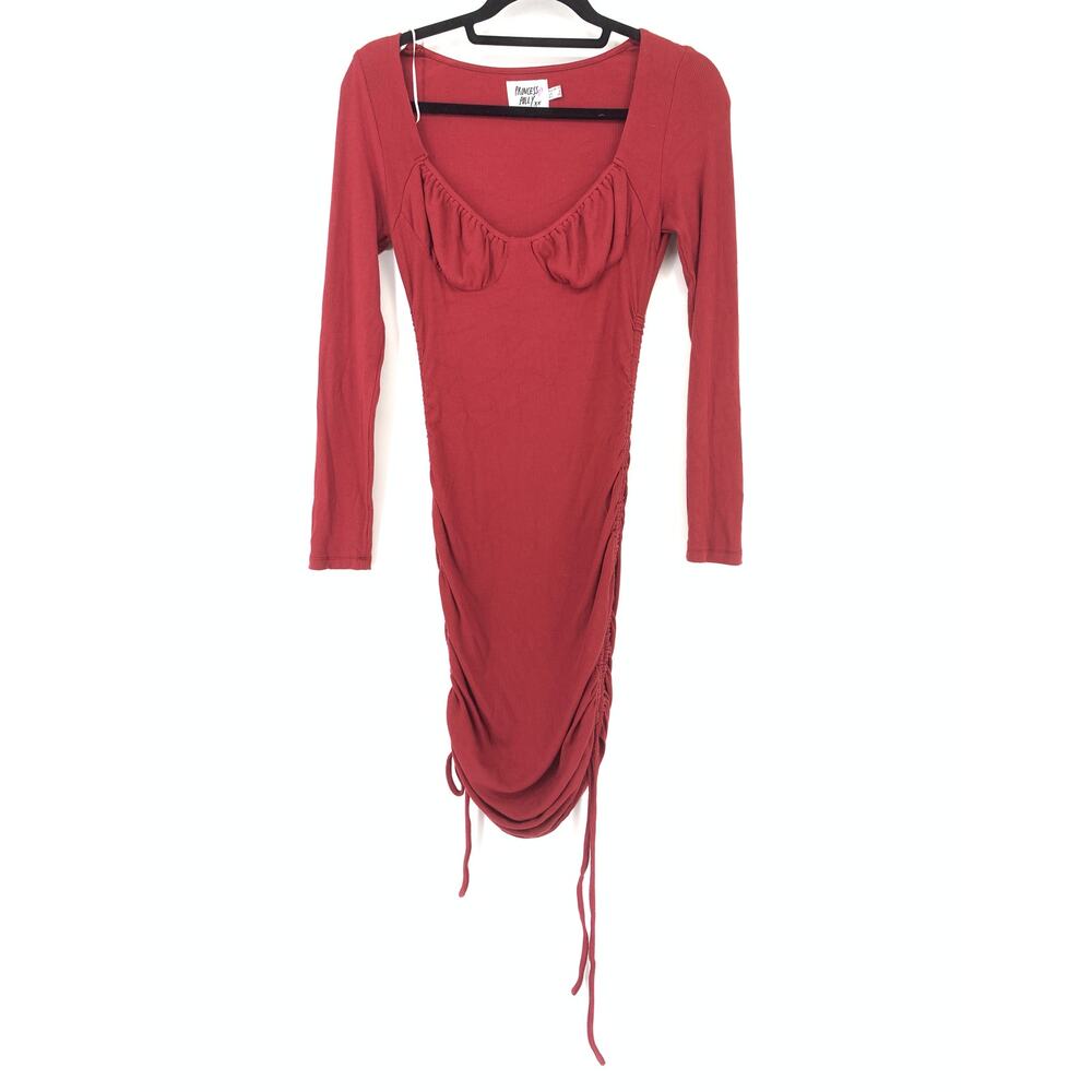 Princess Polly Sz 6 Red Bodycon Dress Scoop Neck Ruched Tie Sides Scoop Neck